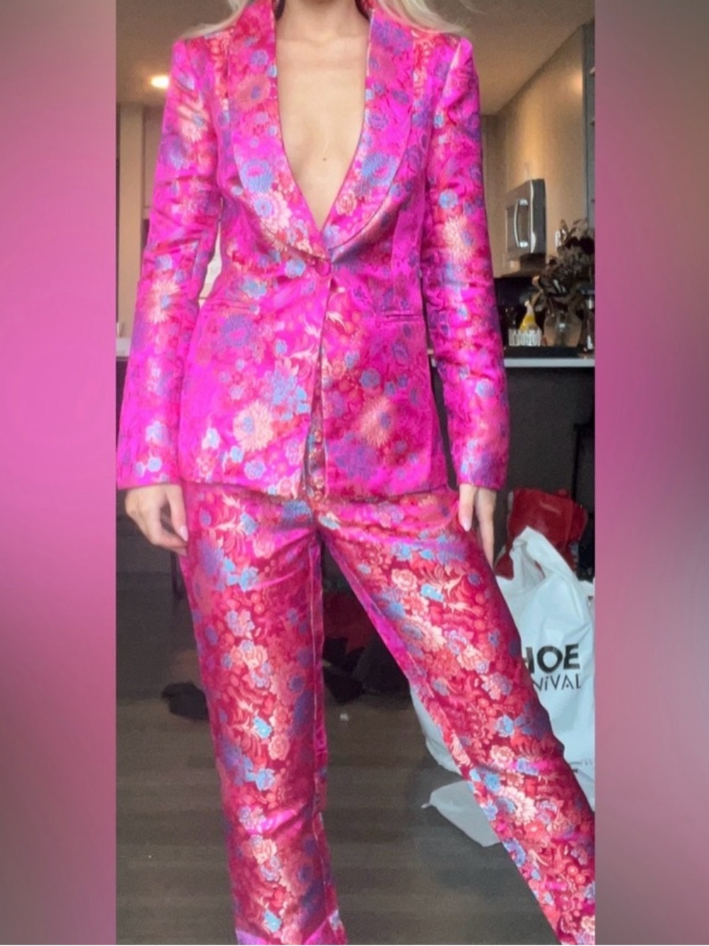 Fashion Nova Hot Pink Floral Brocade Blazer & Trouser Set - Picture 5 of 5